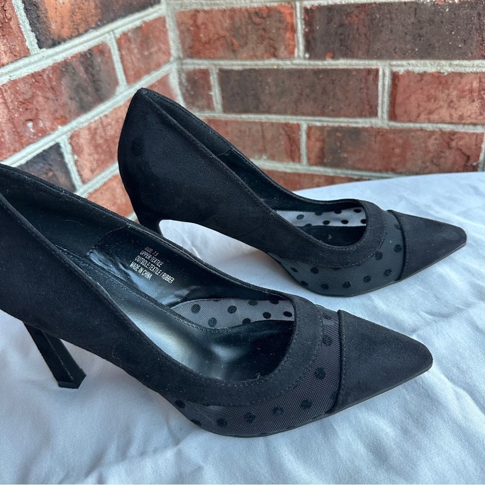 New York & Company Black Pointed Toe Polka Dot Mesh Heels